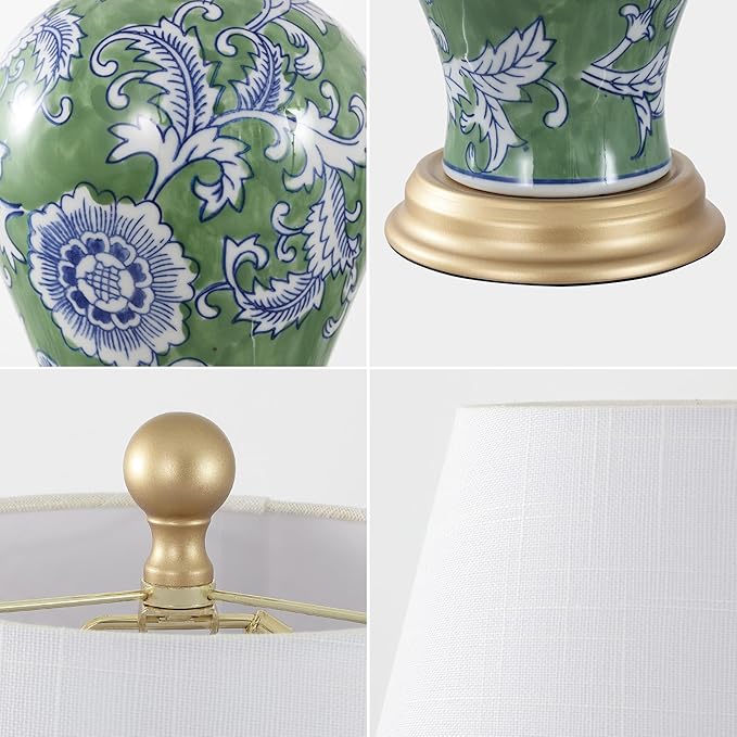 JONATHAN Y Grace 24" French Country Floral Urn Ceramic Lamp, Green/White | Chinoiserie Ginger Jar, French Country Cottage Style, Linen Shade, Gold Metal Base, LED Bulb Included