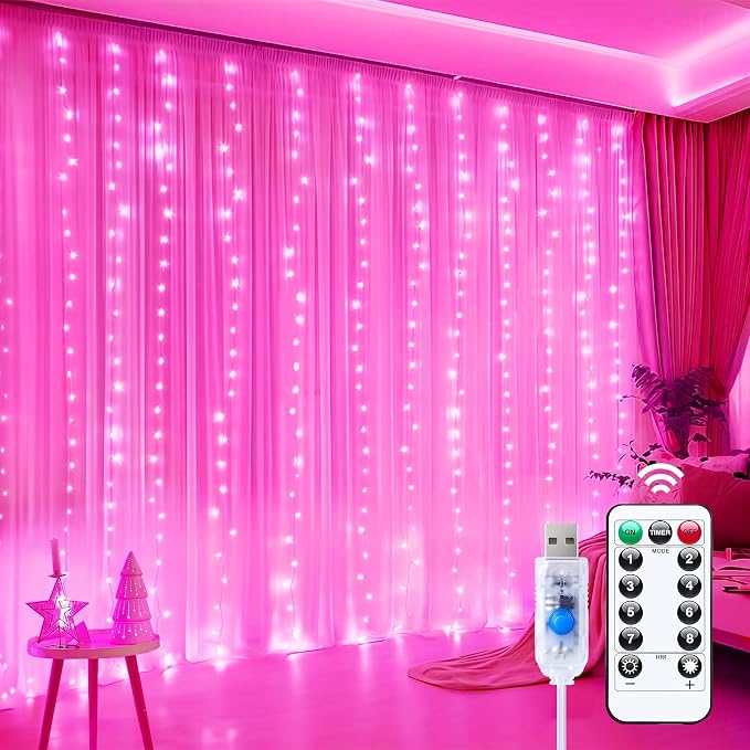 Minetom Curtain Lights, 300 LED Dimmable Fairy Lights with Remote and Timer, 8 Modes, USB Powered String Lights for Room Wall Party Xmas Indoor Decor, Pink