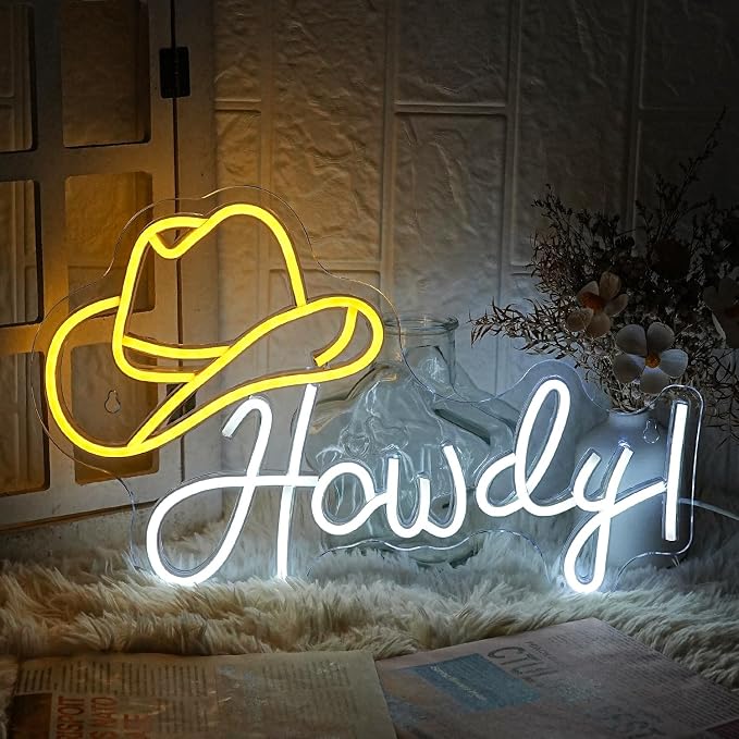 Cowboy Hat Neon Sign Howdy Cowboy Neon Signs Cool LED Neon Lights Dimmable Neon Signs USB Powered for Gameroom, Man Cave Beer Bar Cafe Recreation Room(Yellow White)