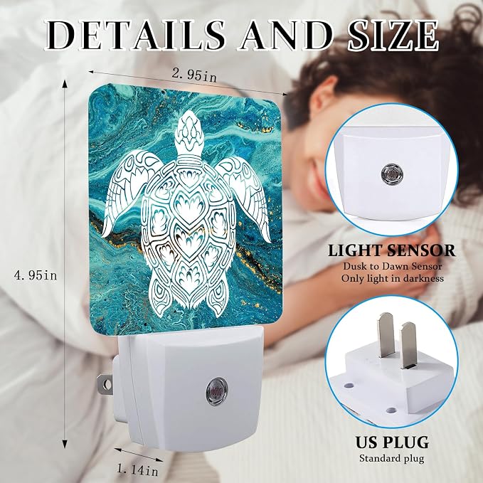 Sea Turtle Night Light, Plug-into Wall Green Marble Nightlight Lamp with Dusk to Dawn Sensor, Led Lamp 0.5W Energy Efficient for Boys Girls Adults Home Decor