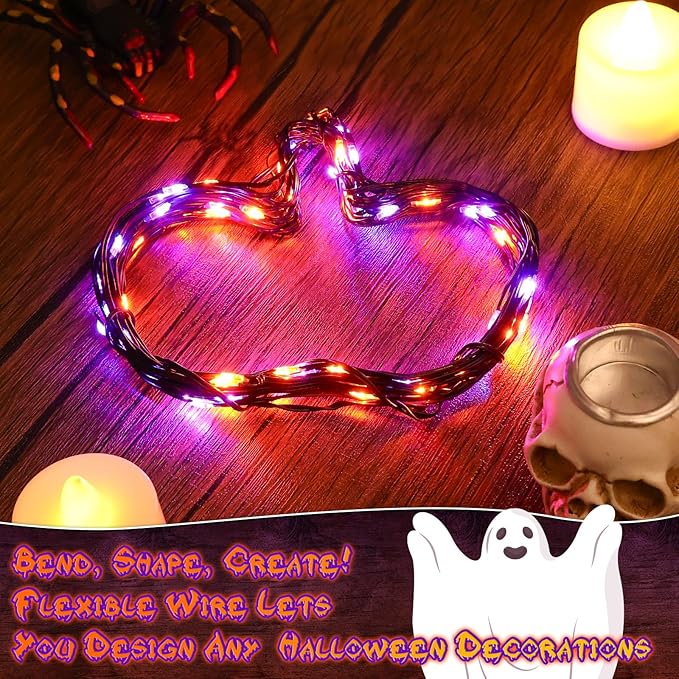 Orange and Purple Fairy Lights Battry Operated with Timer, Halloween String Lights for Outside 16.4ft 50LED Indoor Outdoor Halloween Decorations Garland Party Patio Garden Yard 2 Packs