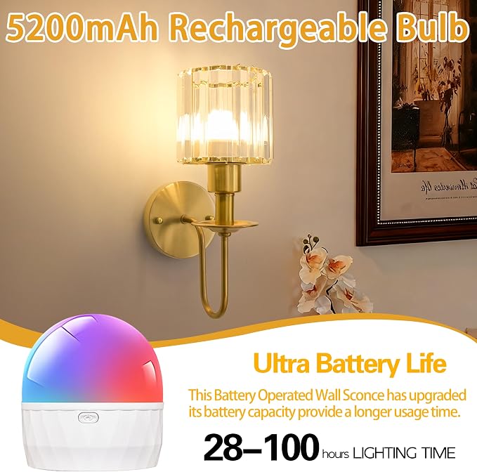Battery Operated Wall Sconces Set of 2, Gold Crystal Wall Lights | 5200mAh rechargeable wall lights with magnetic bulbs, remote control, 15 colors, 10-level dimming and timer for bedrooms