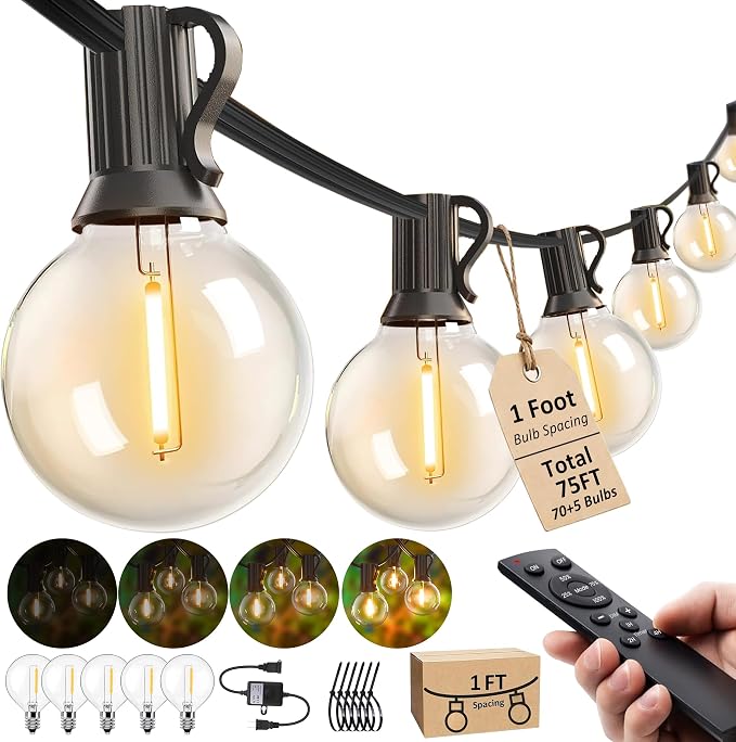 Outdoor String Lights with Remote 75FT Waterproof Outside Lighting for Yard | 1FT Bulbs Apart,75 Feet Dimmable Connectable Patio Lights with Remote,Timer, 3 Modes for Backyard, Bistro,Garden,Balcony,Deck