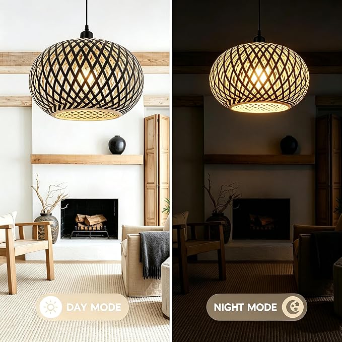 19.6“ Large Bamboo Pendant Light Fixtures Black Rattan for Kitchen | Boho Chandelier Hand Woven Wicke Ceiling Hanging Light, 59.5 Adjustable, Rustic Farmhouse for Stairway Dining Room Foyer