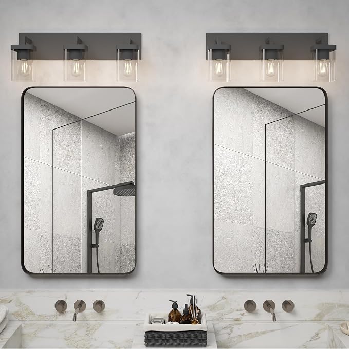 Bathroom Lighting Fixtures Over Mirror, Square Design & Rectangle Large Backplate, 3 Lights Morden Vanity Lighting Fixtures, Bathroom Light Fixtures for Bathroom/Living Room/Bedroom, Black