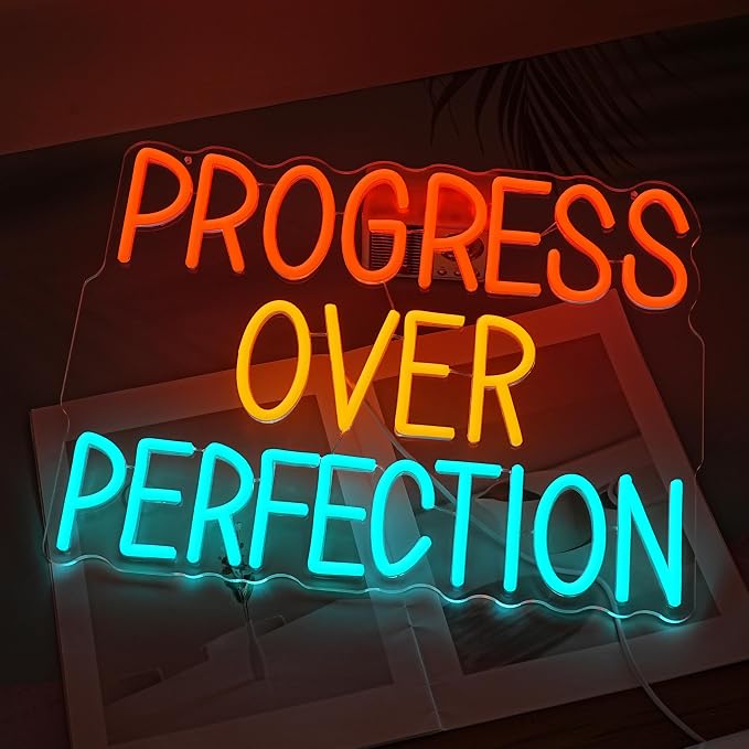 LISIGNVE Progress Over Perfection Neon Sign for Wall Decor Dimmable USB Power Classroom LED Neon Light Positive Affirmation Light Up Sign for Home Office Gym Bedroom(12.2 * 16.5 In)