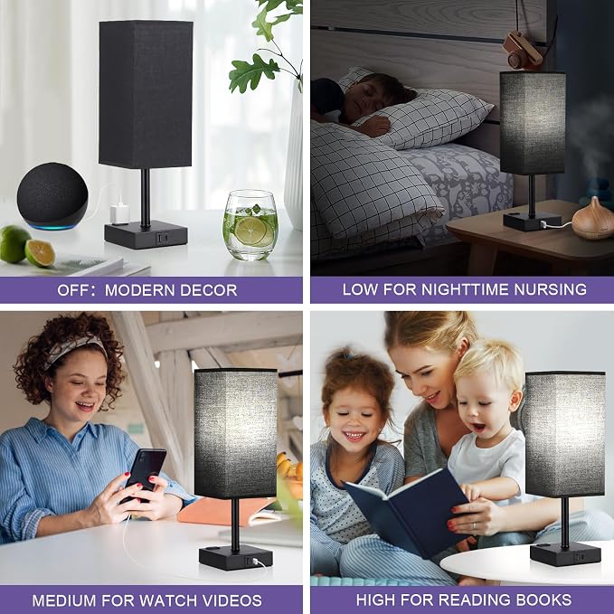 Black Bedside Table Lamp for Bedroom - Dimmable Touch, USB C+A, AC Outlet | 3-Way Dimming, 5000K Daylight Bulb Included, Nightstand Lamp with Square Linen Shade, Small Room Decor for Men, Boys, Desk