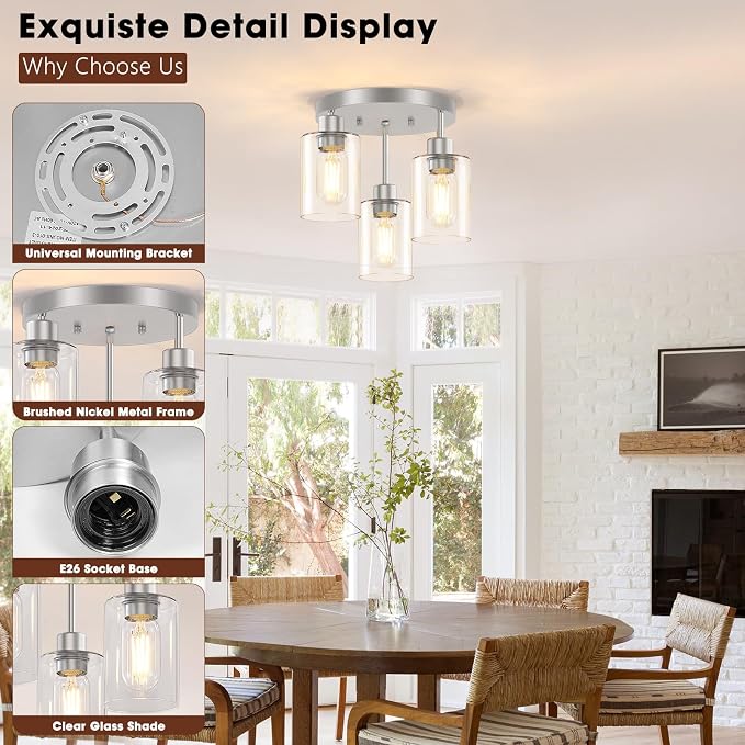 3-Light Brushed Nickel Flush Mount Ceiling Light, Hallway Light Fixtures Ceiling Mount with Clear Glass Shades, Modern Close to Ceiling Light Fixtures for Kitchen Foyer Entrayway