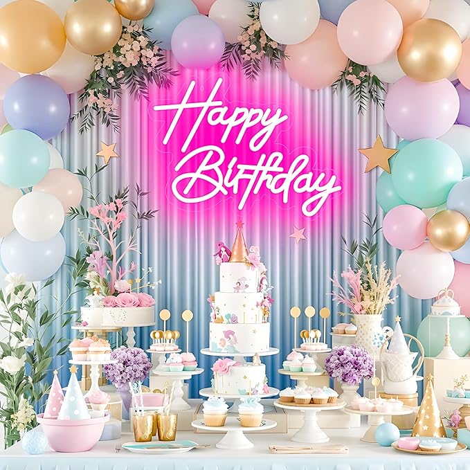 Happy Birthday Neon Sign for Wall Decor, USB Powered LED Neon Sign with Dimmable Brightness, Ideal for All Ages Birthday Parties and Celebrations, With 2 Pcs Birthday Cards (17×12 Inch)