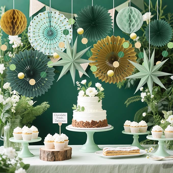 ADLKGG Sage Green Party Decorations, Hanging Paper Fans Circle Garland Paper Lanterns St Patrick's Day Party Supplies, Sage Green Themed Graduation Birthday Wedding Bridal Neutral Baby Shower Decor