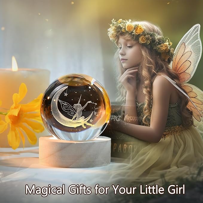 IFOLAINA Moon Fairy Crystal Ball - 3D Laser Engraved Glass Night Light, Decorative Globe, Crystal Moon Sphere - Gifts for Girls, Her, Fairy Lovers