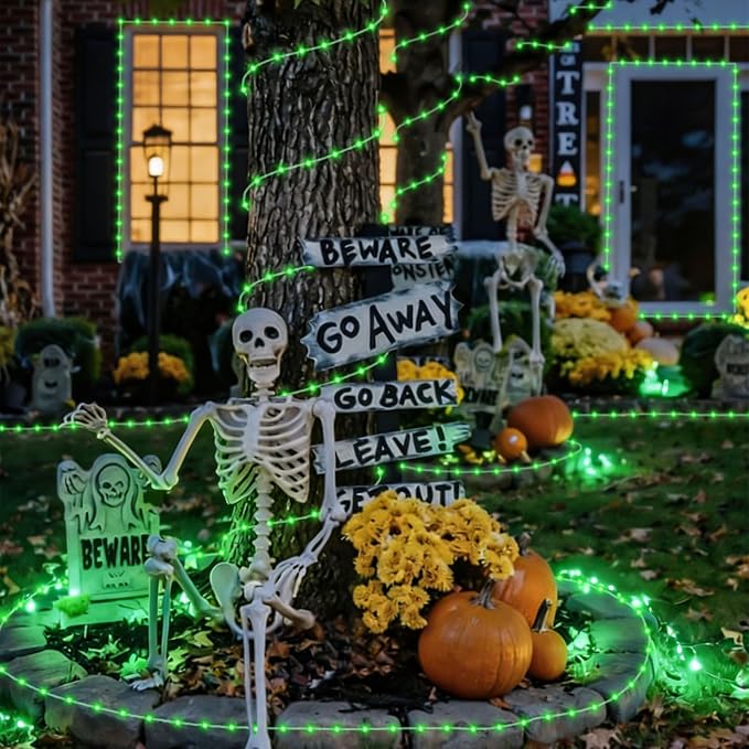 YEGUO Solar Halloween Lights, 2 Packs Each 33ft 100 LED String Lights Outdoor Waterproof, 8 Modes Fairy Lights in Clear Thin Tube for Camping Fence Patio Garden Trampoline Deck(Green)