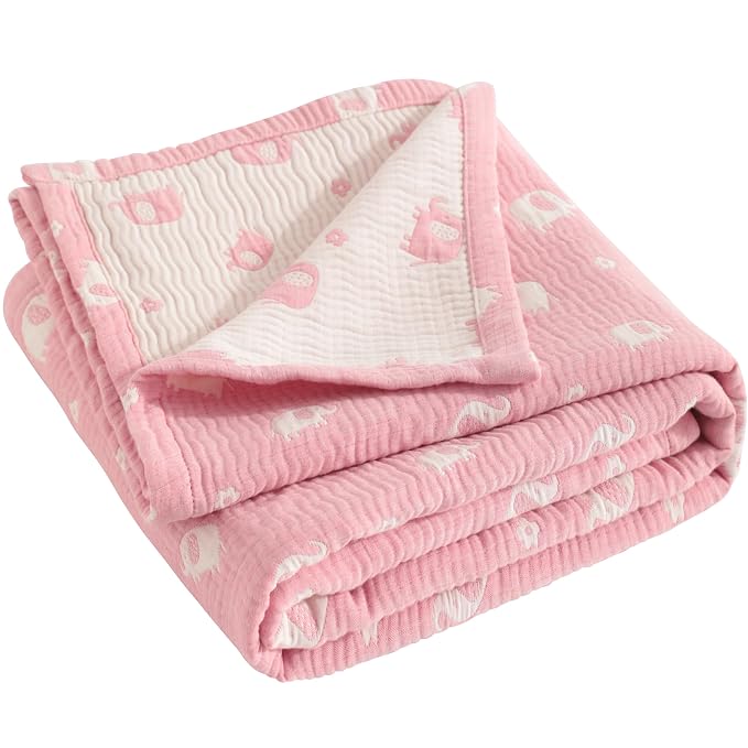 NTBAY 3 Layer Oversized Muslin Toddler Blanket, 45 x 60, Pink Elephant | Muslin Cotton Outer Layers with Light Thermal Fiber Fill, Reversible Blanket for Daycare, Travel, Naps, and Supervised Use