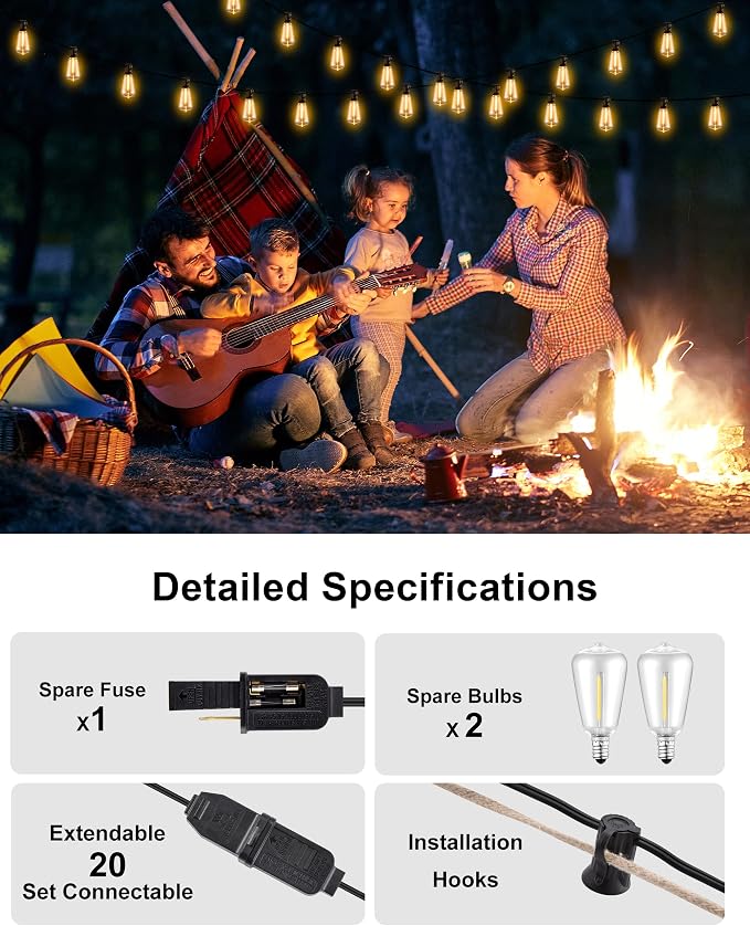 Patio String Lights 50FT LED, IP65 Waterproof ST38 Connectable Dimmable | Shatterproof PET, 27 Bulbs, Energy-Saving LED, for Garden, Backyard, Porch, Deck, Party, Cafe Decor