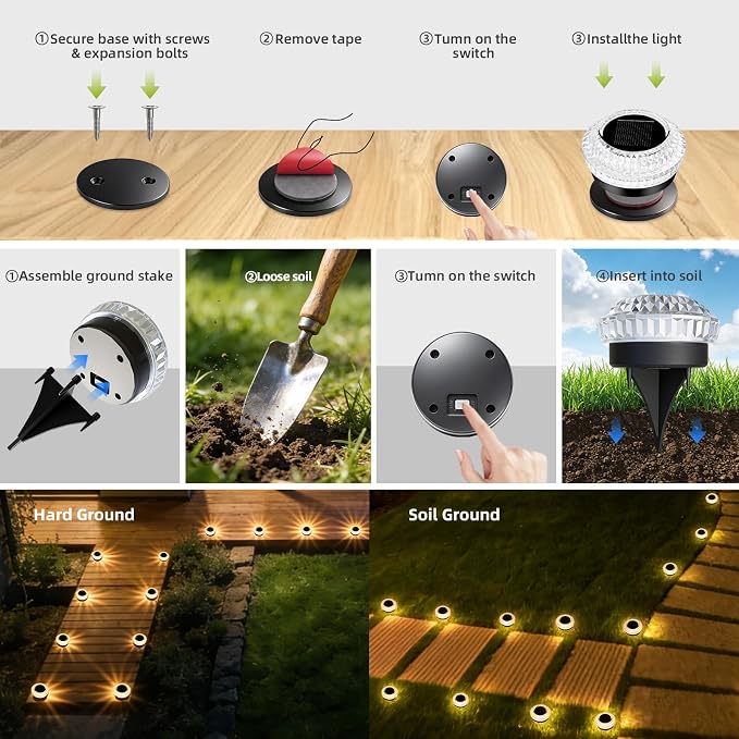 Solar Deck Lights Outdoor - IP67 Waterproof Solar Driveway Dock Lights, 12PK Solar Pthway Lights, Outdoor Warning Step Lights for Driveway Sidewalk Garden Pathway Yard Stair Backyard Decor(Warm White)