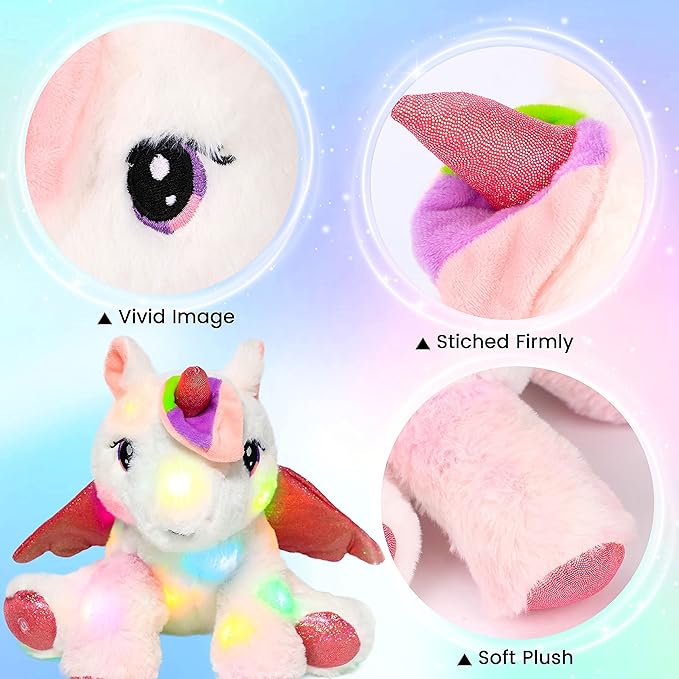Hopearl Adorable LED Plush Unicorn Lighting Up Cute Stuffed Animal Floppy Night Lights Glow in The Dark Birthday Festival for Kids Toddler Girls, White, 11''