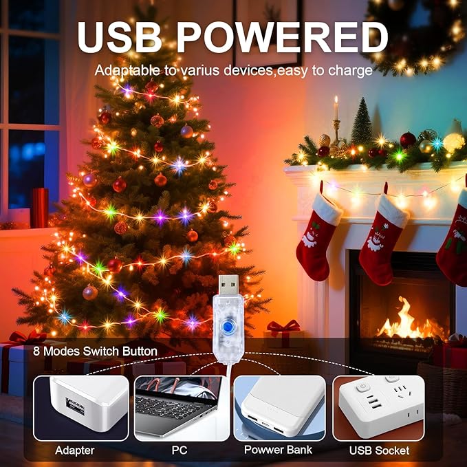 1Pack USB Plug in Fairy String Lights,16ft 50 LED Copper with Remote and Timer, 8 Modes Waterproof Twinkle String Lights Battery Powered for Bedroom Indoor Party Wedding Christmas Decoration