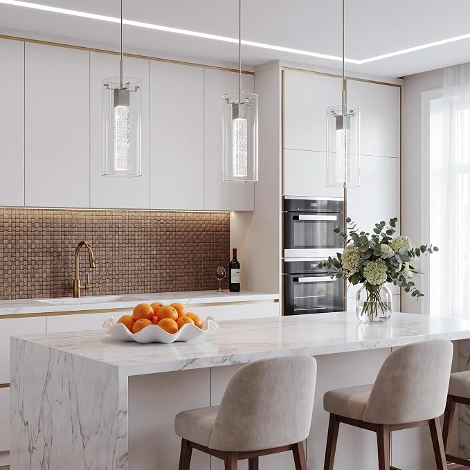 Pendant Lights Kitchen Island, 3 Pack 6500K LED Kitchen Lighting Crystal Island Light with Bubble Glass, Nickel Kitchen Hanging Light Fixture Modern Pendant Ceiling Light Fixture
