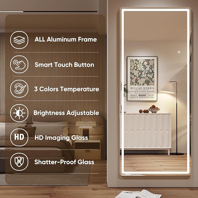 Antok LED Full Length Mirror with Light, 56"x20" Lighted Full Body Mirror with Stand, Dimmable & 3 Color Lighting Standing/Leaning/Wall Mounted Vanity Mirror for Bedroom Cloakroom Livingroom(Rect)