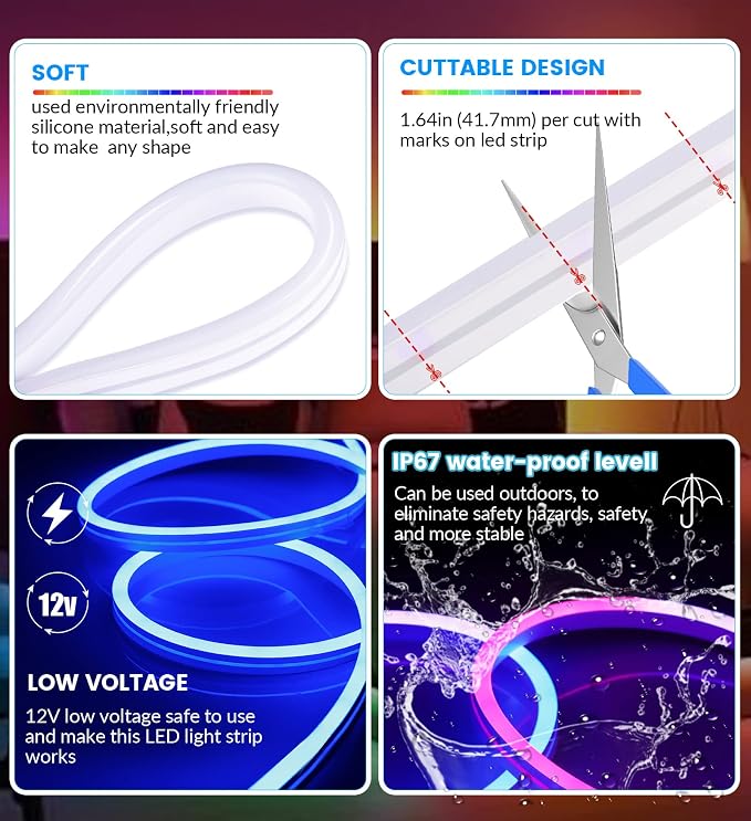 KJOY LED Strip Neon Flexible Rope Light, 11FT/3.5M RGB Neon Rope Lights with App & Remote Control, 12V Cuttable Silicone DIY Creative Rope Lighting Flex Rope for Bedroom Dormitory Kids Room Decor
