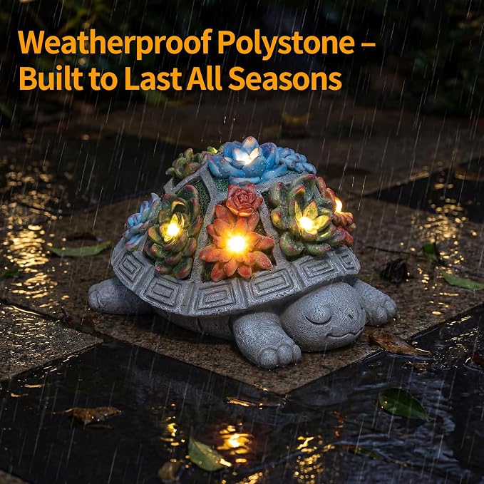 Solar Turtle Garden Outdoor Decor with Succulent & 7 LED Lights – Outside Tortoise Statue Decor for Yard Patio Balcony & Backyard - Home House Decoration Art - Gift for Men Dad Women Mom