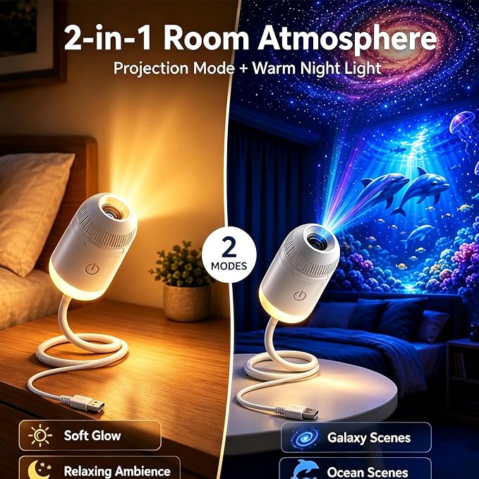 2027 Upgraded HD Smart Dynamic 5D Holographic Night Light Projector, 2-in-1 Galaxy Projector Night Light, USB Star Projector, Plug & Play Star Lamp for Bedroom (12 Films)
