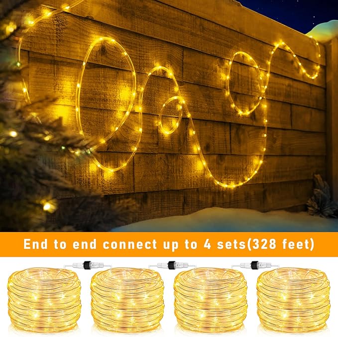 100FT 300 LED Rope Lights for Outside, Connectable Rope Lights Outdoor Waterproof with 8 Modes, Plug in Christmas String Lights for Deck, Garden, Fence, Backyard, Pool, Patio, Tree Decor - Warm White
