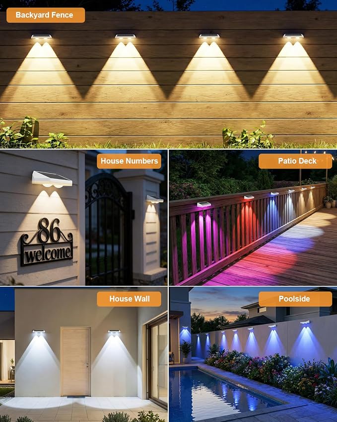 16 Pack Solar Fence Lights, Fence Lights Solar Powered with Ultra-Bright Lens Warm White + RGB 13 Color Mode IP65 Waterproo for Backyard/Step/Patio/Deck/Stair/Railings-White