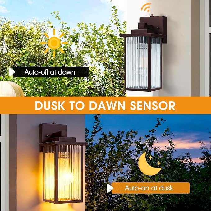 2-Pack 13" Bronze Dusk to Dawn Wall-Mounted Exterior Light Fixtures | Auto On and Off, Anti-Rust Metal Frame, Tempered Glass, E26 Socket, Easy DIY Install on Porch, Garage