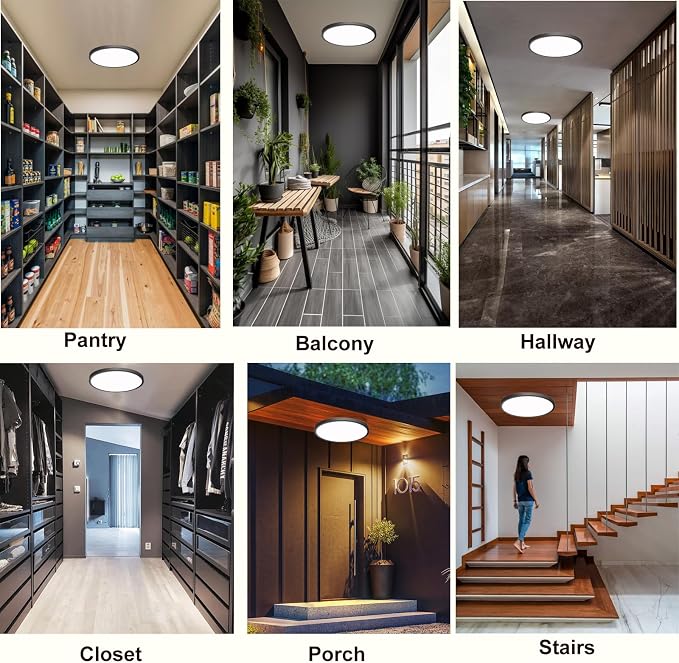 12in Motion Sensor Ceiling Light Indoor, 24W 2400LM, Black | Hardwired Flush Mount, Remote Dimmable, 3000K/4000K/6000K, Closet Hallway Porch Laundry Stairway Basement