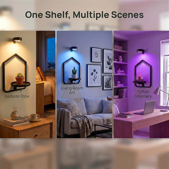 2 Pack Wall Mounted Plant Shelf with Grow Light, Hanging Plant Shelf | Floating Plant Wall Shelf Decor with Wireless Rechargeable LED Plant Light & Remote Control for Bedroom Living Room Apartment