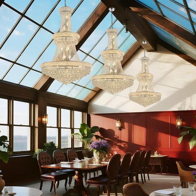 32" W 27 Light Luxury Foyer Chandeliers, Unique Empire K9 Crystal Chandelier for High Ceiling Foyer Entryway Living Room (Silver)