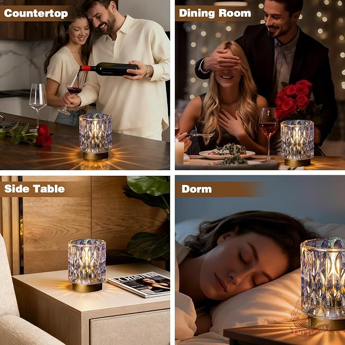 Battery Operated Table Lamp Timer, Small Cordless Lamps Decorative, Pearl | Mini Crystal Lamp for Area No Plug, LED Battery Powered Lamps Wireless, Glass Accent Light for Bathroom Fireplace Shelf Decor