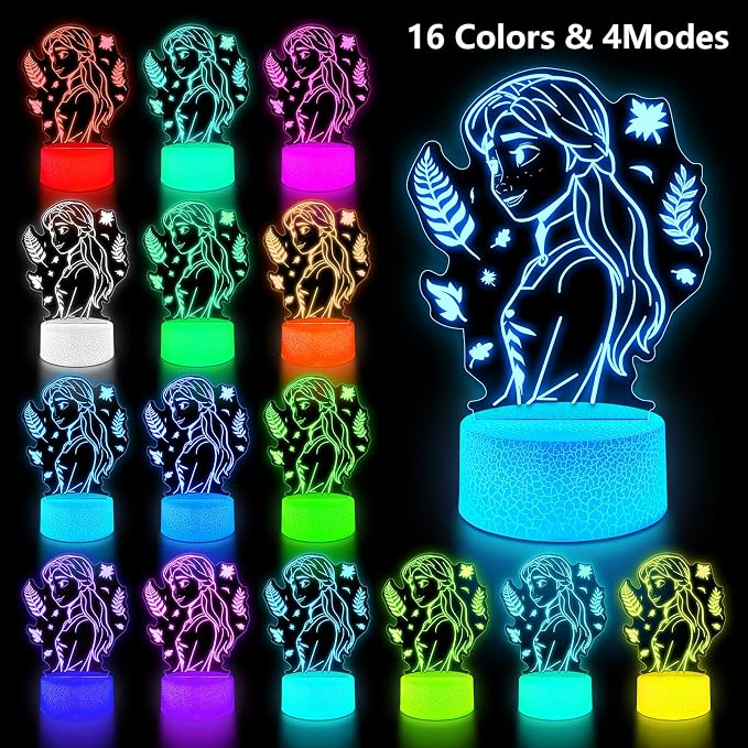 Cute Night Light for Kids [2 Set] 16 Colors Change Princess Decor Lamp with Remote, Dim for Girls Bedroom 3D Illusion LED Night Lights, Ideal Gifts for Girls Christmas Birthday Party Room Decoration