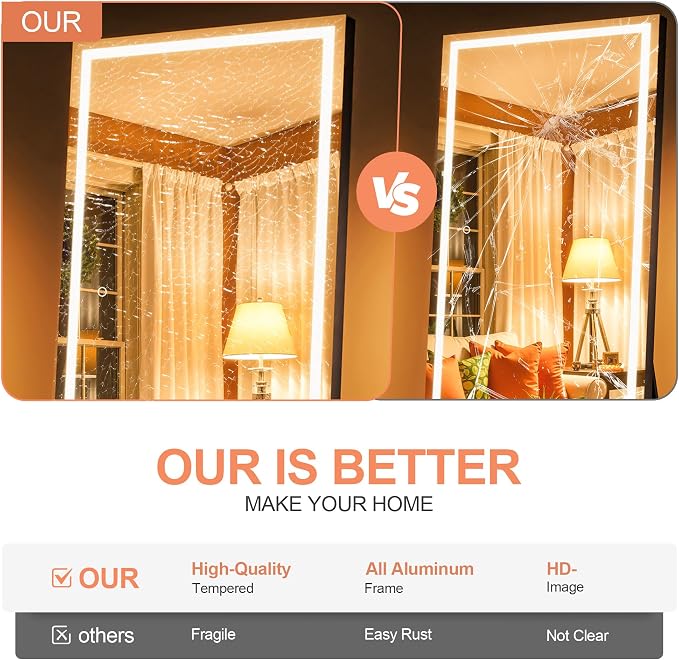 71" x 32" Full Length Mirror with Lights, LED Lighted Floor Standing Body Mirror, Dimmable & 3 Color Lighting for Bedroom, Cloakroom, Dressing Room, Tempered Glass, Black Frame