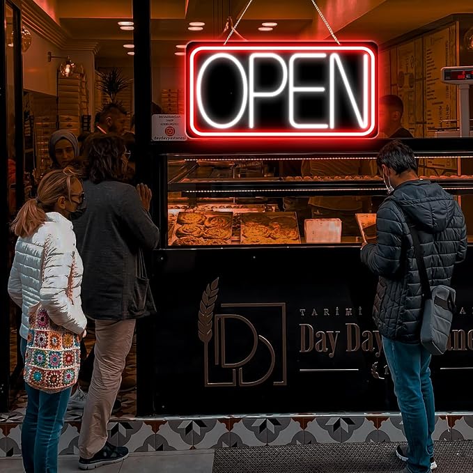 22" X 11" Led Neon Open Signs for Business, Large Open Signs, Plug In Electric Light Up with ON/OFF Switch, Ultra Bright Open Sign for Bar Salon Coffee Stores Club Hotel (Black Backplate)