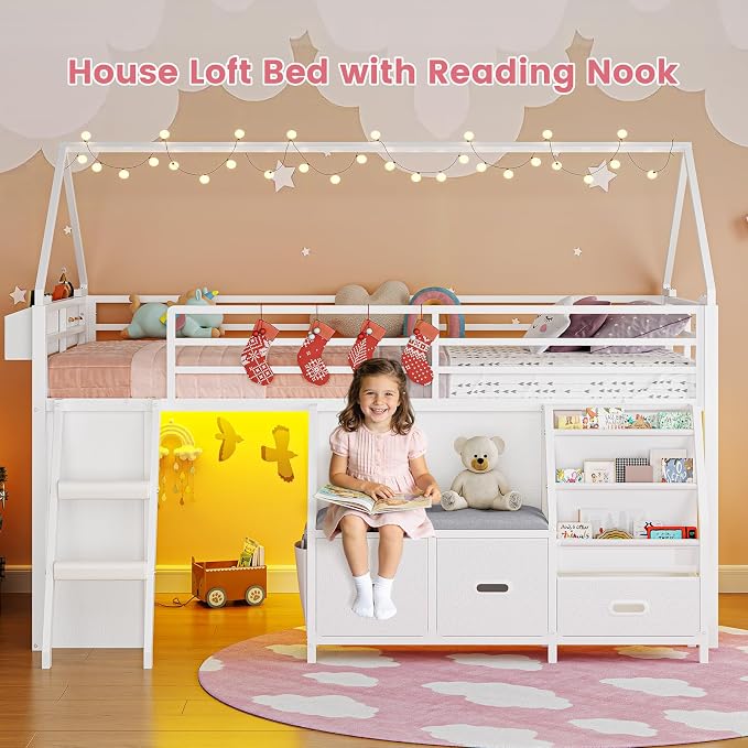 ADORNEVE Low Loft Bed Twin Size with Bookshelf, Reading Nook & 3 Drawers | Kids Loft Bed, LED, Storage Drawers, Beside Box, Under-Bed Play Space,Safety Guardrail, Inclined Ladde, Play Curtain, White