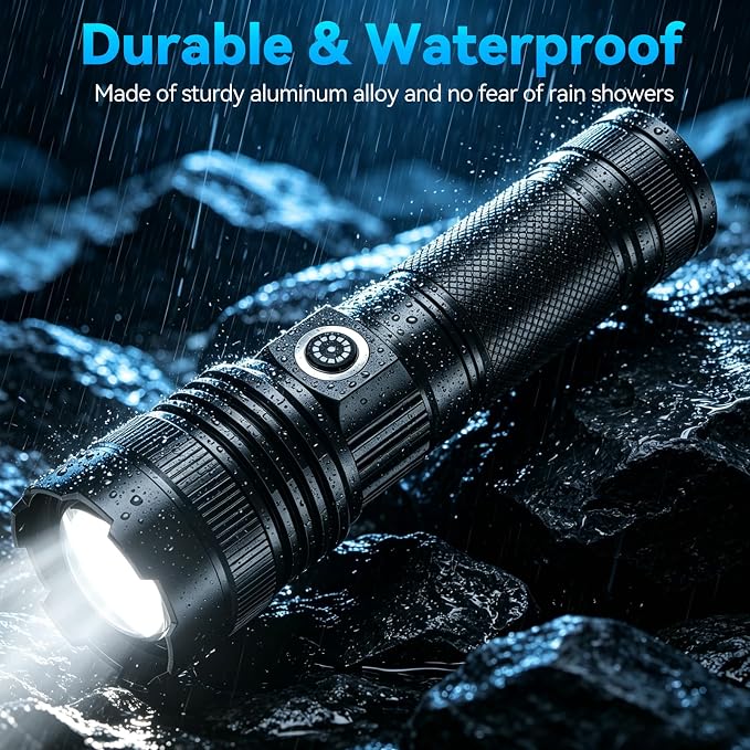 Rechargeable Flashlights High Lumens, Super Bright Tactical Flashlight 3 Modes with Power Display, Waterproof Zoomable LED Flash Light for Home Emergencies Camping Hiking