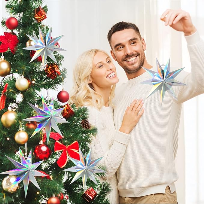 5Pack 9-Pointed Paper Star Lanterns 11.8 Inch Iridescent Hanging Paper Lampshade for Winter Wonderland, Christmas Holiday, Weddings, Frozen Birthday Party Celebration Decor