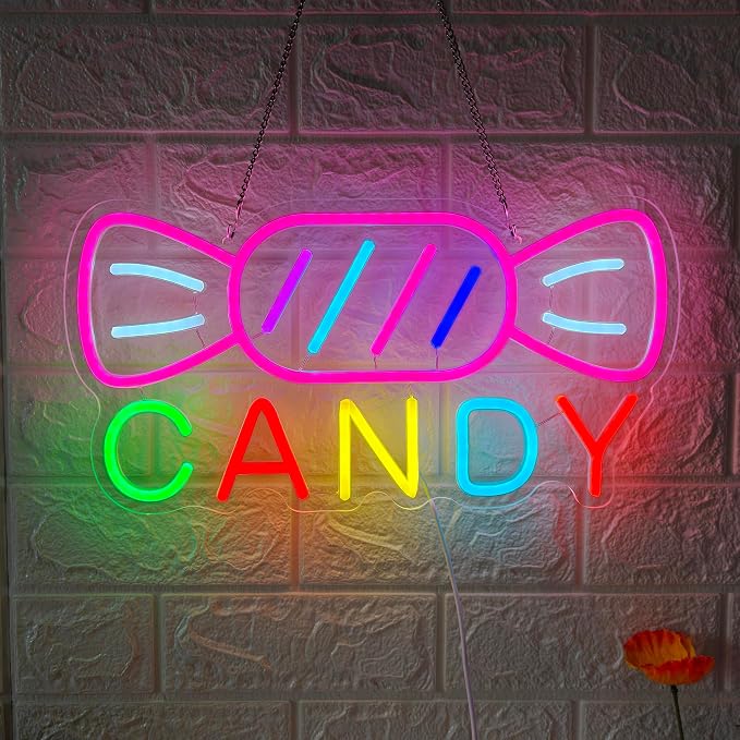 Candy Neon Sign for Wall Decor Candyland Party Decorations, Candy Bar Sign | Store Logo, Birthday Decorations, Candy Light for Candy Shop, Kids' Room, 6.5ft Dimmable USB Powered Colorful 15.7"x7.8"