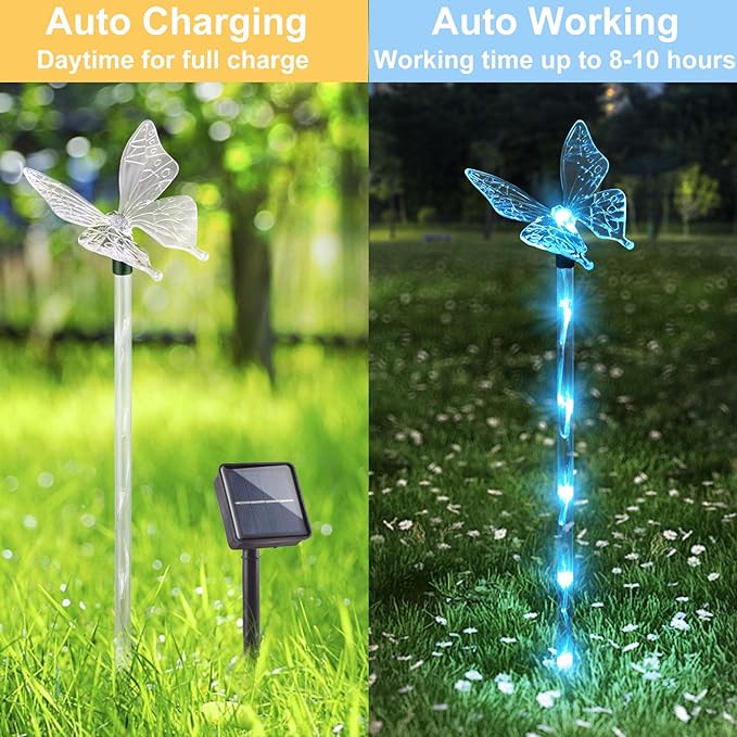 Set of 6 Arcylic Solar Butterfly Lights for Outside, Solar Powered Garden Decorations with 8 Lighting Modes, Outdoor Waterproof Pathway Lights for Yard, Patio Plant Pot, Flower Bed (Butterfly)