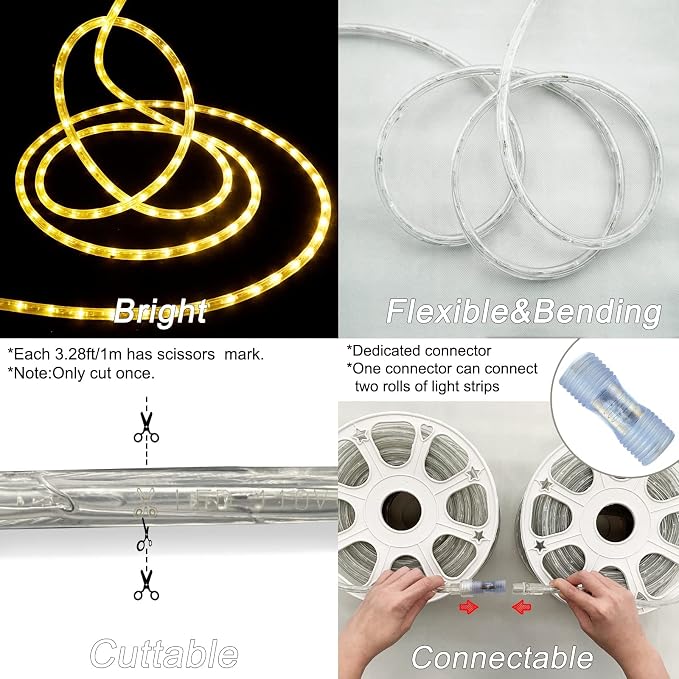 150FT LED Rope Lights Outdoor: Waterproof Flexible 110V 3000K Warm White LED String Light - Cuttable Connectable Clear Lighting Tube for Indoor Stairs Patio Garden Party Decor, Not Flat Strip