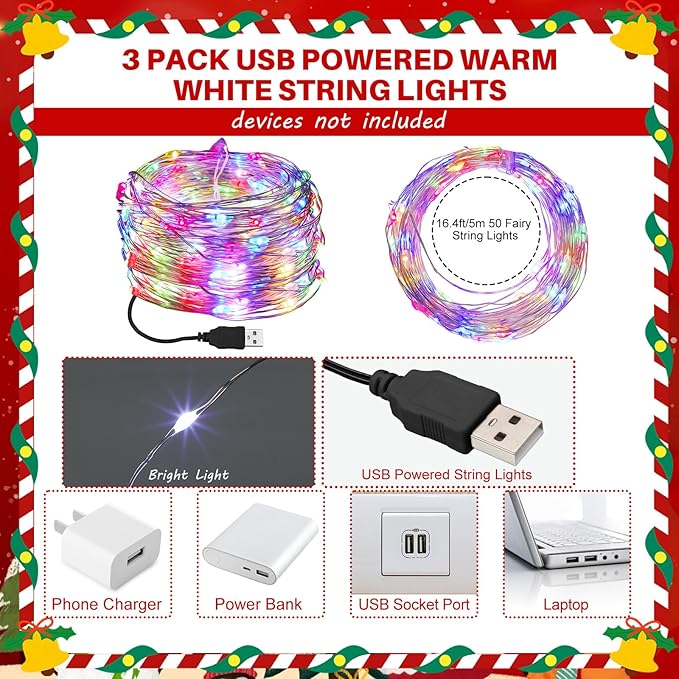 Macarrie 3 Pcs Multicolor Fairy Lights USB Powered 16 ft 50 LED String Lights Plug in for Indoor Outdoor Bedroom DIY Party Wedding Home Festival Tree Garden Xmas Decoration