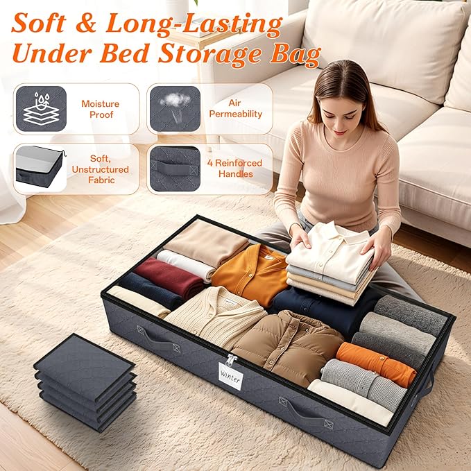 90L Under Bed Storage Containers, Storage Bags, Organizers, 6-Pack, Gray | Foldable, Soft Fabric, Closet Organizers, Reinforced Handle, Label Holder, Clear Window, for Comforters, Clothing, Blankets