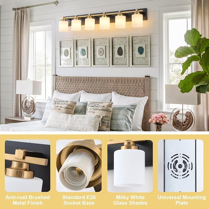 Modern Bathroom Light Fixtures Over Mirror, Vanity Lights for Bathroom Wall Sconces with Milky White Glass Shades, E26 Socket (Bulbs Not Included), 6 Light, Black Gold