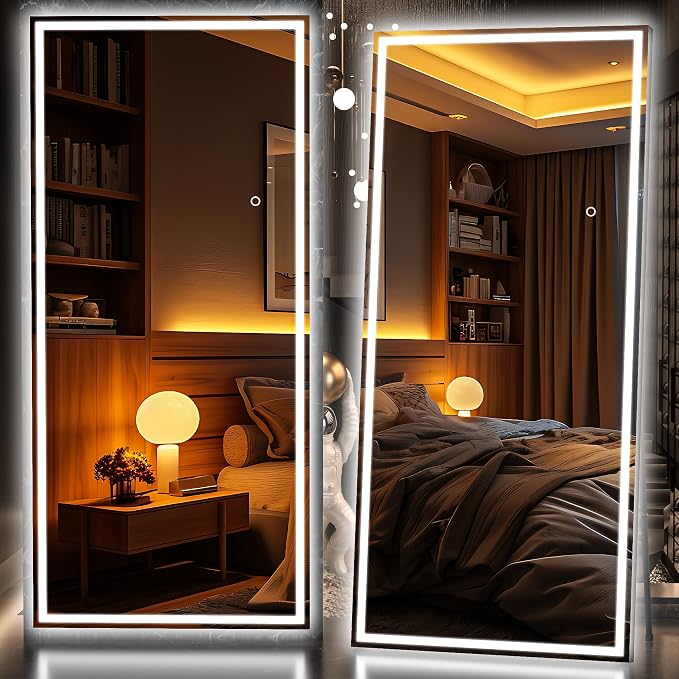 Hasipu Full Length Mirror with Lights, 81" x 34" LED Lighted Floor Standing, Full Body Dressing Hanging Mounted Mirror, Tempered Glass, Square Black