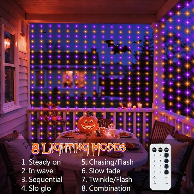 echosari Halloween Curtain Lights Battery Operated 9.8 x 9.8Ft | 300 LED Twinkle Lights Timer for Bedroom Wedding Backdrop Decor Orange & Purple