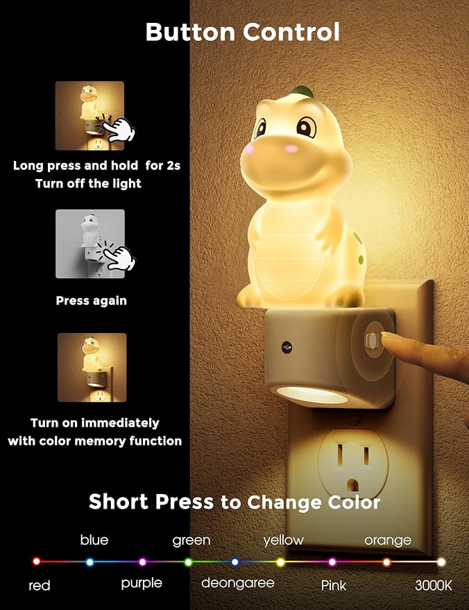 L LOHAS LED Night Light for Kids, 3D Dinosaur Night Light Plug in | Dusk to Dawn Nursery Night Lights, RGB+Soft White 3000K, 3 Lighting Modes, Room Decor, Children
