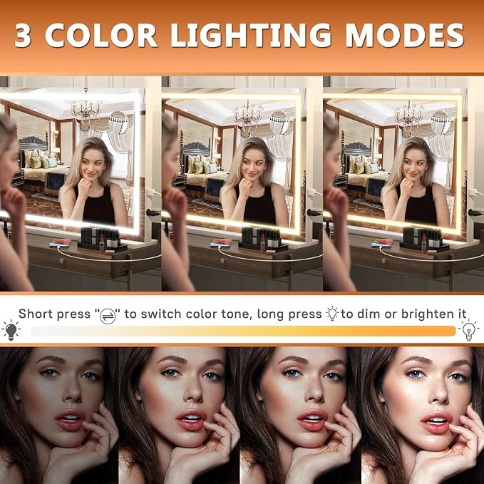 Hasipu Vanity Mirror with Lights, 32" x 24" LED Makeup Mirror, Lighted Makeup Mirror with Dimmable 3 Modes, Touch Screen Control Vanity Mirror Square White