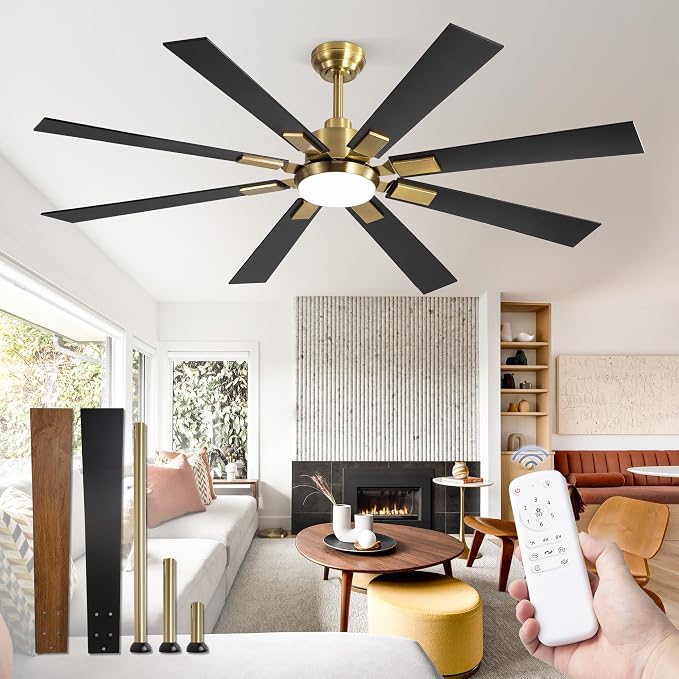 ZMISHIBO 62” Mid Century Ceiling Fan with Light, Remote, Black and Gold | High CFM Powerful Airflow, Quiet DC Motor, 24W 3 CCT LED, Indoor/Covered Outdoor, Dual-Finish, Damp Rated